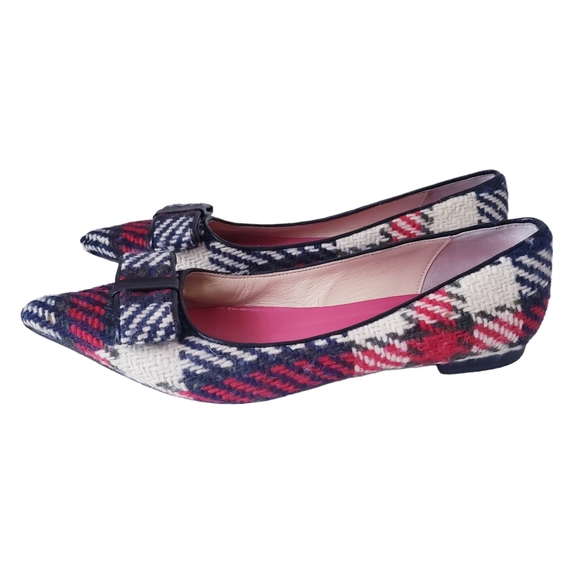 Kate Spade Red Plaid Bow Flats - Picture 1 of 13